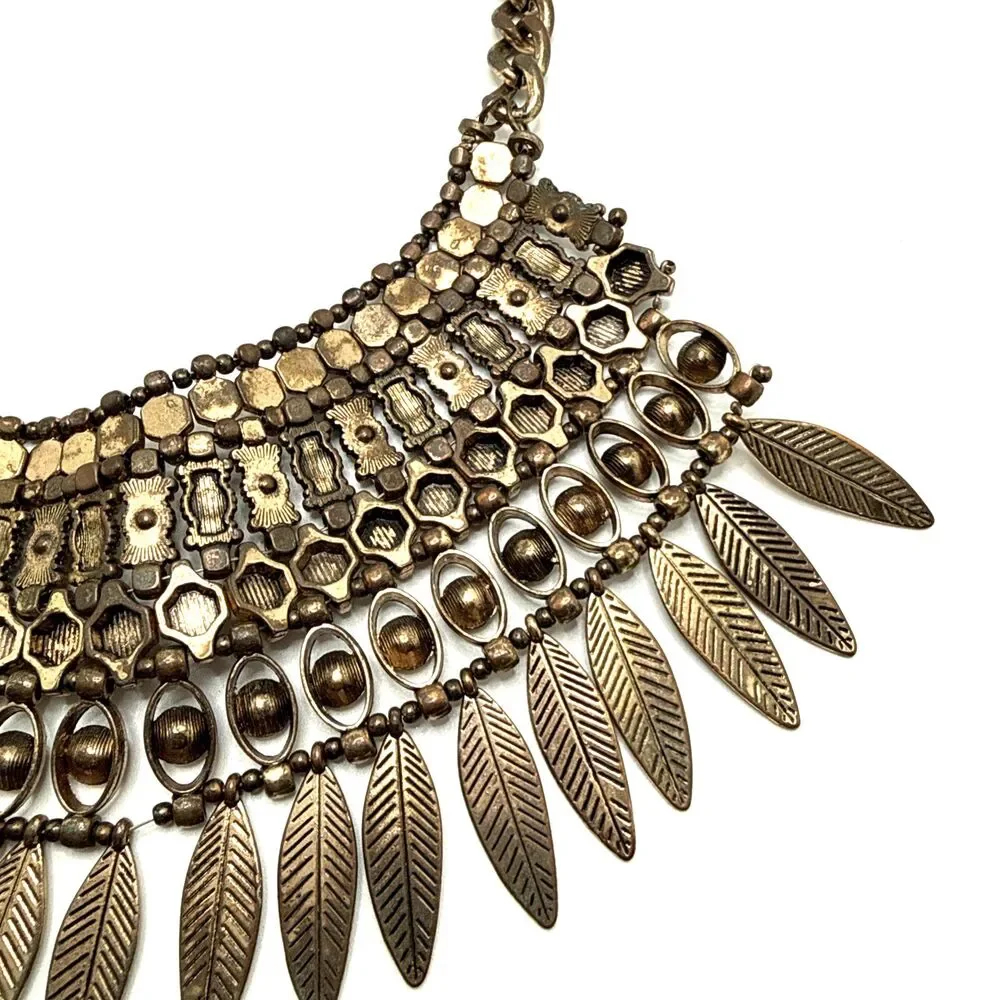 ALDO Boho Statement Bib Necklace Leaf Fringe Distressed Gold Tone Tribal Collar